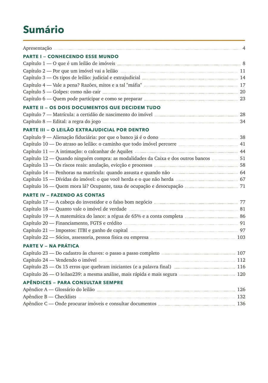 Sumário do livro, com as cinco partes, os capítulos e os apêndices.
